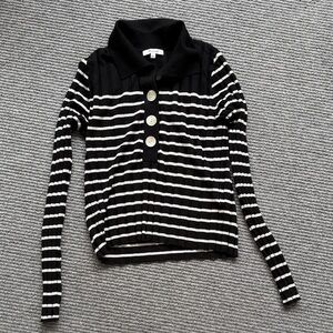 Madewell Ribbed Long Sleeve Black and Off White Striped Polo Sweater, Size L